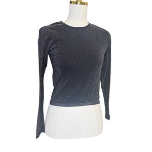 Love Wish Black Glitter Long Sleeve Top Metallic Stretch Party Shirt / Size L